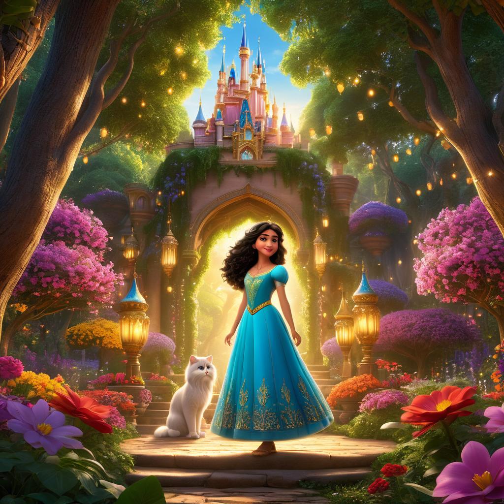  in 3d animated movie style. disney pixar style. laila, 10, regal persian attire with intricate designs, golden accents. magical forest with vibrant trees, colorful flowers, sunlit canopy. high res pixar 3d animated style, detailed rendering. bright lights through leaves, warm vibe. low angle shot of laila in wonder, enchanting forest setting. 16:9 aspect ratio.