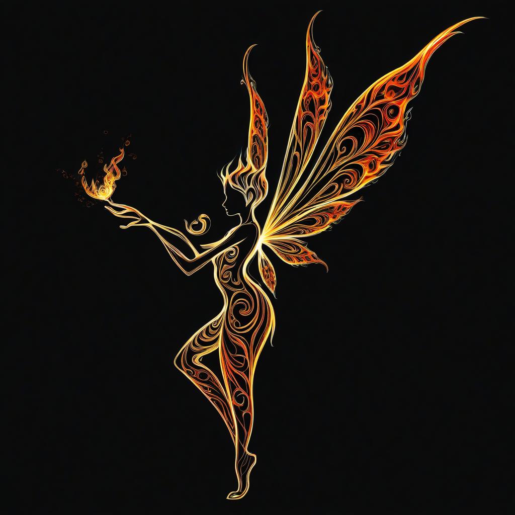  thin, fine fractal gloss vivid fire line ink sketch on the black background, (silhouette of fire pixie:1.3), fire contours outlines, fire outline, fire pixie with fire wings,