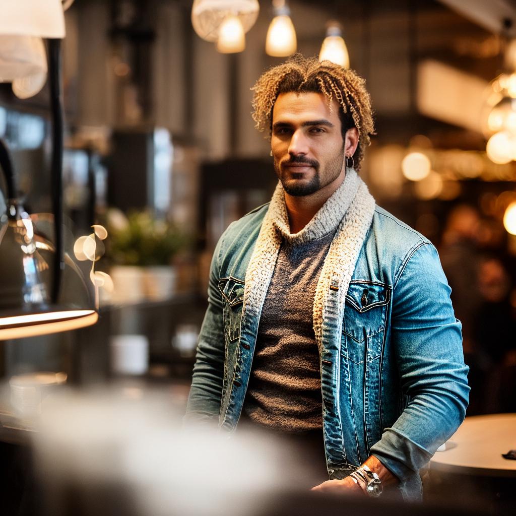  capture an unedited, 8k hdr photograph of a 20 andean man in a cozy new york cafe. he embodies scandinavian style with his slim fit attire including jeans, plain t shirts, casual shirts, layered jackets, and sneakers, complemented by accessories like watches and sungles. his athletic build and bright, beautiful eyes enhance the hyperrealistic and highly detailed image. the mood is set with deep, rich color hues (moody deep), creating an atmosphere. he sports blonde curly hair and piercings, standing in a cow shot from mid thigh up. the background features soft diffused light and symmetrical balance, contributing to a stunning, intricate scene.",  hyperrealistic, full body, detailed clothing, highly detailed, cinematic lighting, stunningly beautiful, intricate, sharp focus, f/1. 8, 85mm, (centered image composition), (professionally color graded), ((bright soft diffused light)), volumetric fog, trending on instagram, trending on tumblr, HDR 4K, 8K