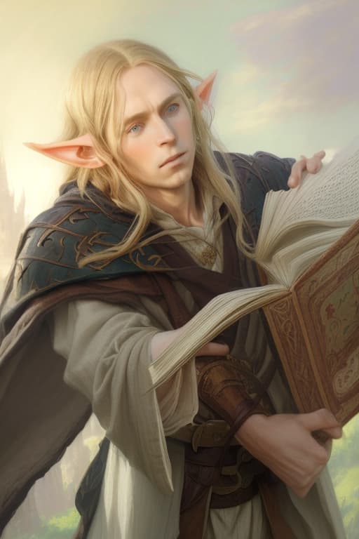  a beautiful elf with long straw hair and blue eyes, dressed in a white shirt and beige pants, hangs a brown cloak on his shoulders, holds an open book in his hands, magic, dragons, elves, castles, by donato giancola, ruan jia, kekai kotaki, magali villeneuve, even mehl amundsen