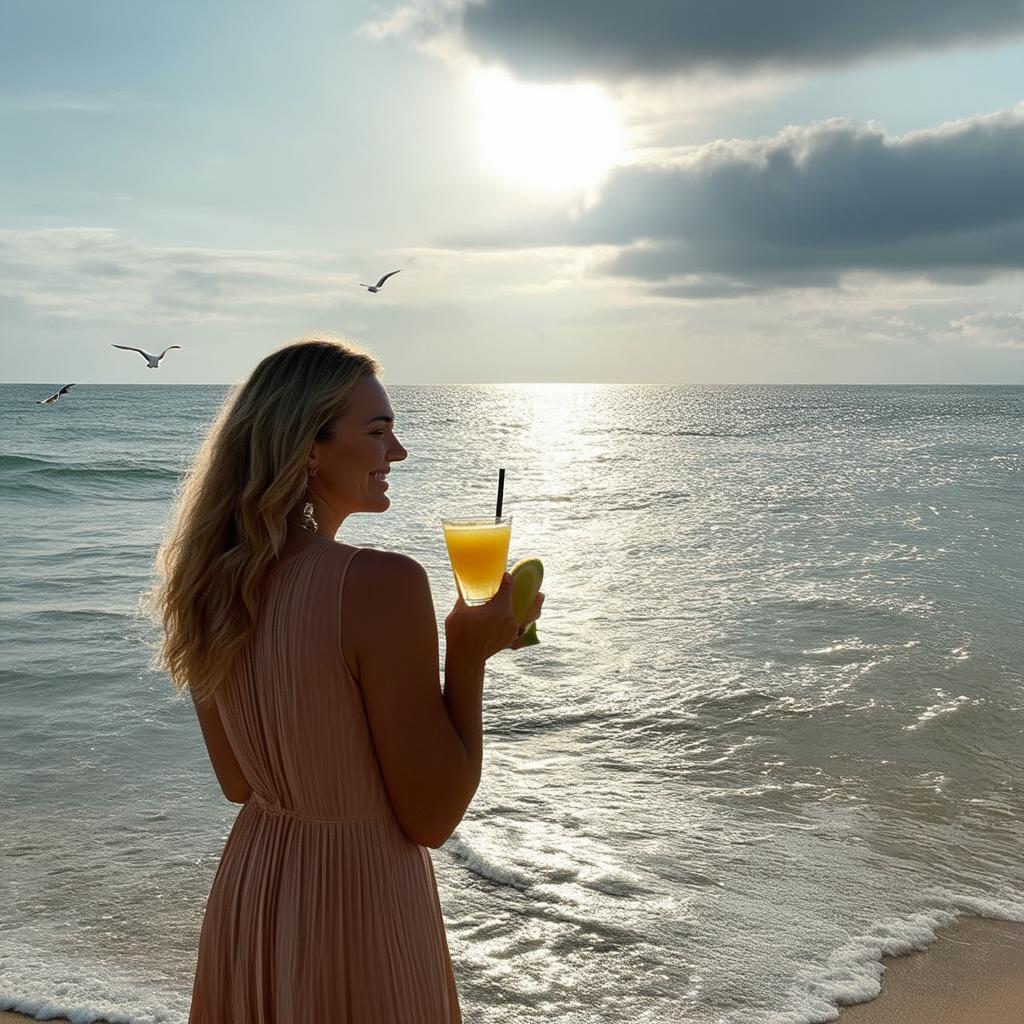  professional detailed photography, morning on the seashore. cloudy, but in the gaps you can see the sun, waves and seagulls. in the woman's glass with lemonade. summer. the woman is wearing a dress. high detail., (muted colors, dim colors, soothing tones), (vsco:0.3)