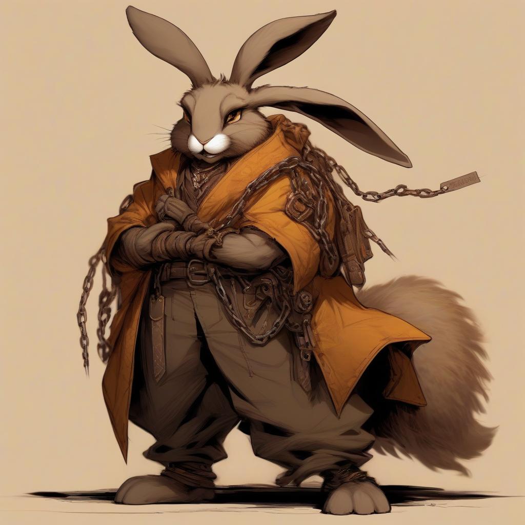  slim bunny. its fur has a gray brown hue, which helps it remain invisible in the shade. his ears are long and mobile, always alert, catching the slightest sounds of the environment. the eyes of varian are deep amber color, full of determination and inner light. on his wrists and forearms are visible traces of chains a reminder of his captivity and struggle for freedom. he wears simple but comfortable clothing consisting of a dark vest and wide pants, allowing him to move easily.