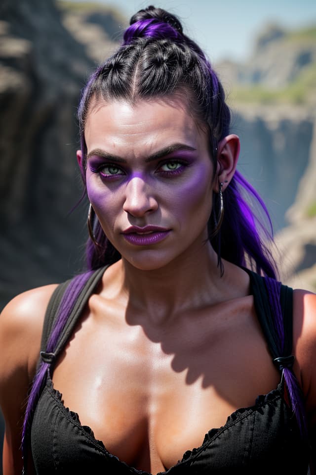  a photograph of a half orc half human woman with light purple skin, dark purple eyes, black cornrow hair, pointy ears, and small tusks protruding from her lower jaw, hq, hightly detailed, 4k