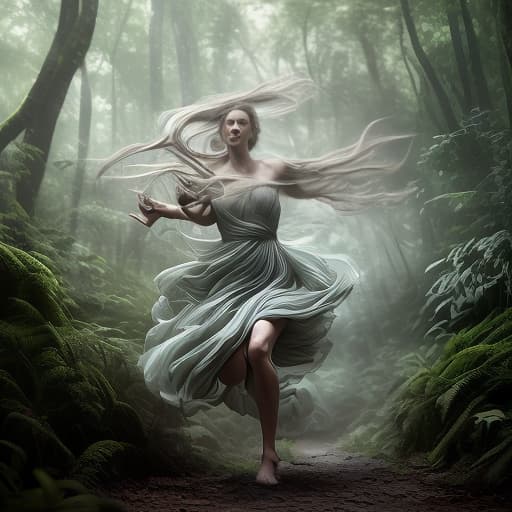  create an image of me running through a dense forest in a long, developing dress in the wind, shot 35 mm, realism, octane render, 8k, trending on artstation, 35 mm camera, unreal engine, hyper detailed, photo realistic maximum detail, volumetric light, realistic matte painting, hyper photorealistic, trending on artstation, ultra detailed, realistic