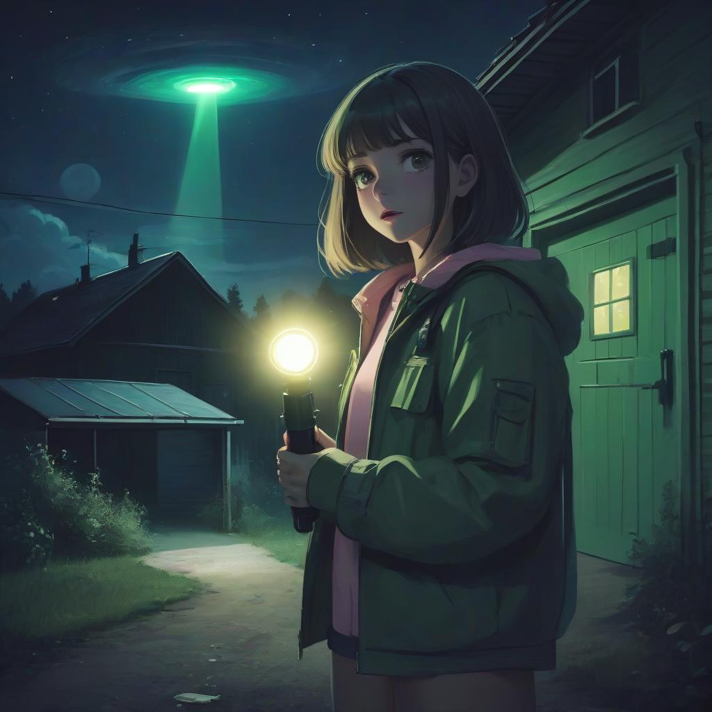  girl with a flashlight in her hands near a garage in the village, night, green tones, ufo in the sky