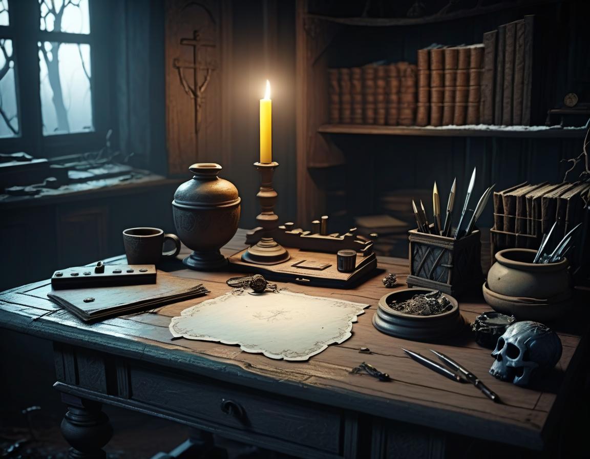  the witch's desk. close. horizontal. gloomy atmosphere. no witch