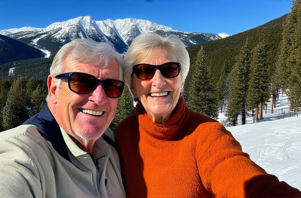  professional detailed photography, happy faces of elderly couple in sunglasses enjoying the sun after skiing. people relaxing on a sunny day at a ski resort. in the background are snow capped peaks with fir trees and ski slopes. ar 3:2, (muted colors, dim colors, soothing tones), (vsco:0.3)