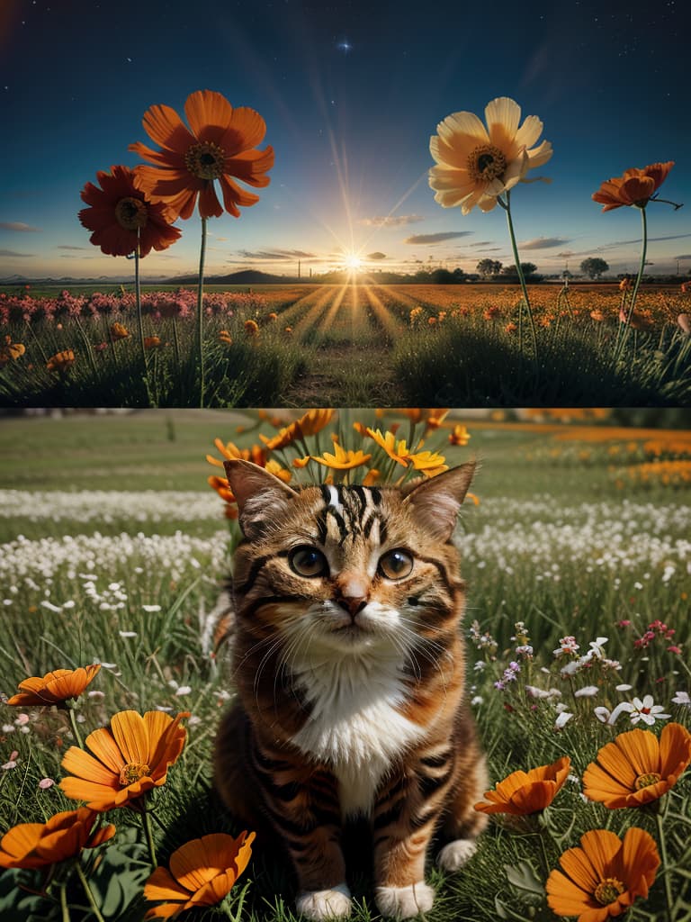  masterpiece,(comic style){(one cute cat)(orange)}(in a cosmos flower field:)high quality,16k,super analy