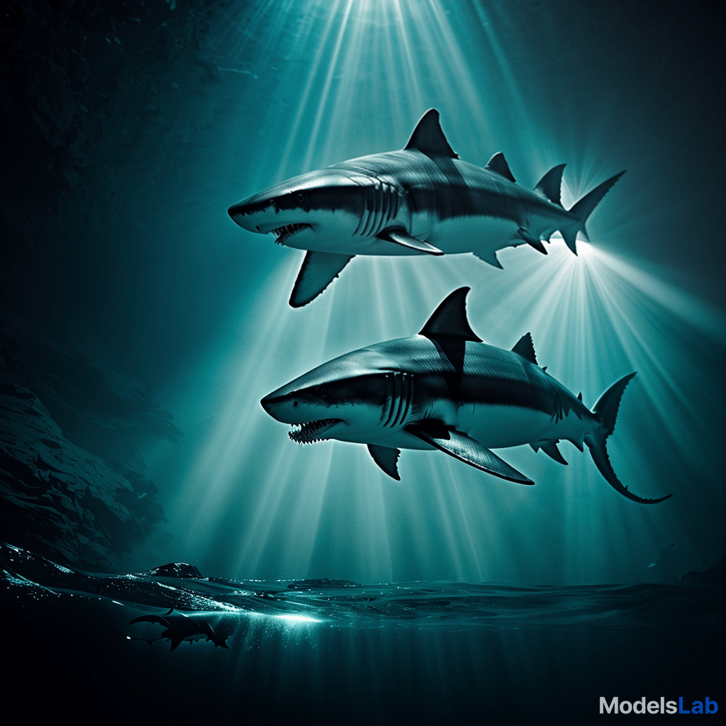  a realistic 8k portrait of a terrifying shark deep in the ocean at night, with its mouth wide open. the shark's eyes and mouth emit an intense red light, illuminating the surrounding dark water. the ocean is dimly lit with deep blue and black tones, creating a menacing atmosphere. the red glow casts shadows around the shark, highlighting its sharp teeth and adding a supernatural, horror like effect. subtle light rays from above barely penetrate the murky water, adding to the eerie, otherworldly feel of the scene. hyperrealistic, full body, detailed clothing, highly detailed, cinematic lighting, stunningly beautiful, intricate, sharp focus, f/1. 8, 85mm, (centered image composition), (professionally color graded), ((bright soft diffused light)), volumetric fog, trending on instagram, trending on tumblr, HDR 4K, 8K