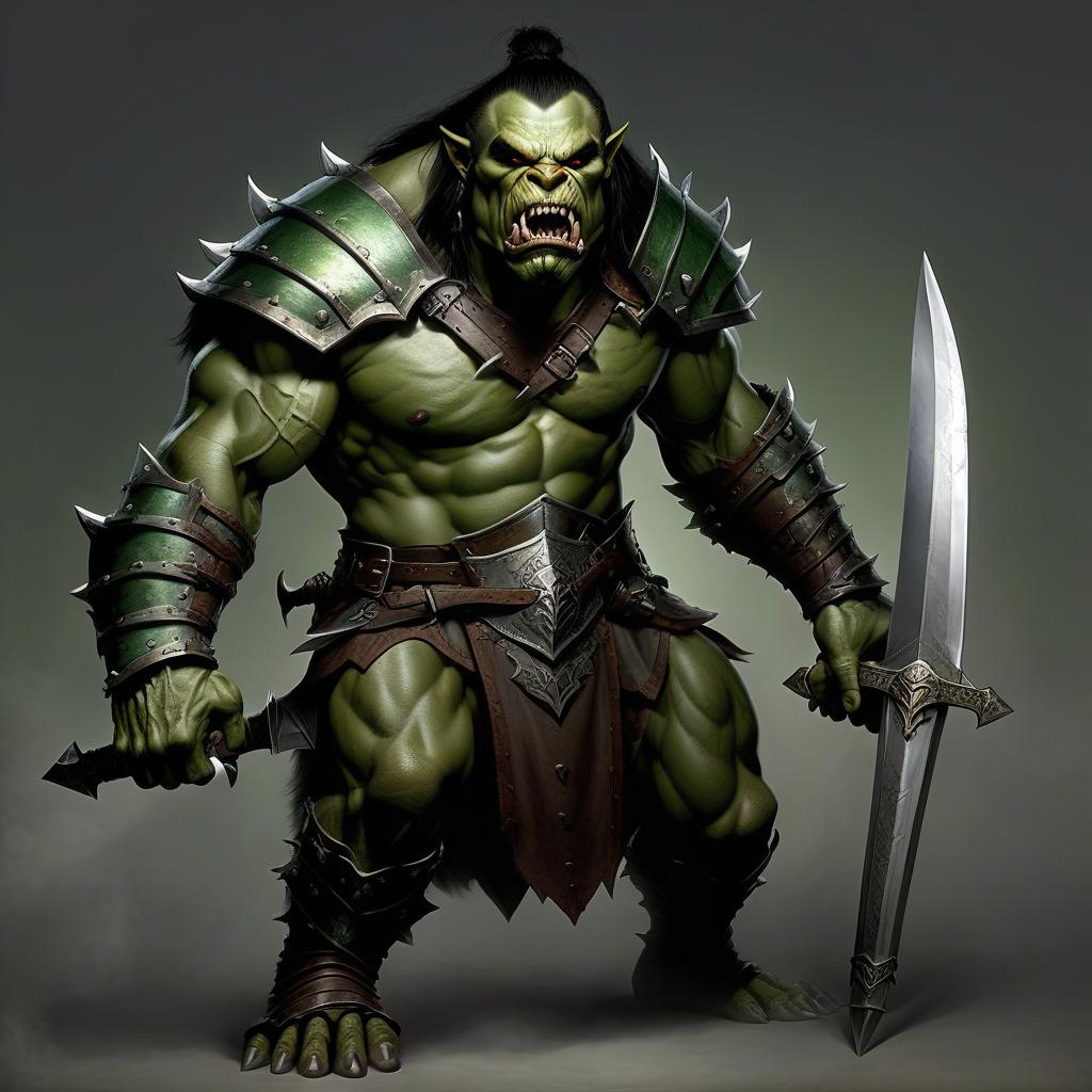  dungeon & dragons orc male athletic appearance, full height, green skin, dark hair, 2 fangs in the mouth wolves of armor in the hands of a large sword.