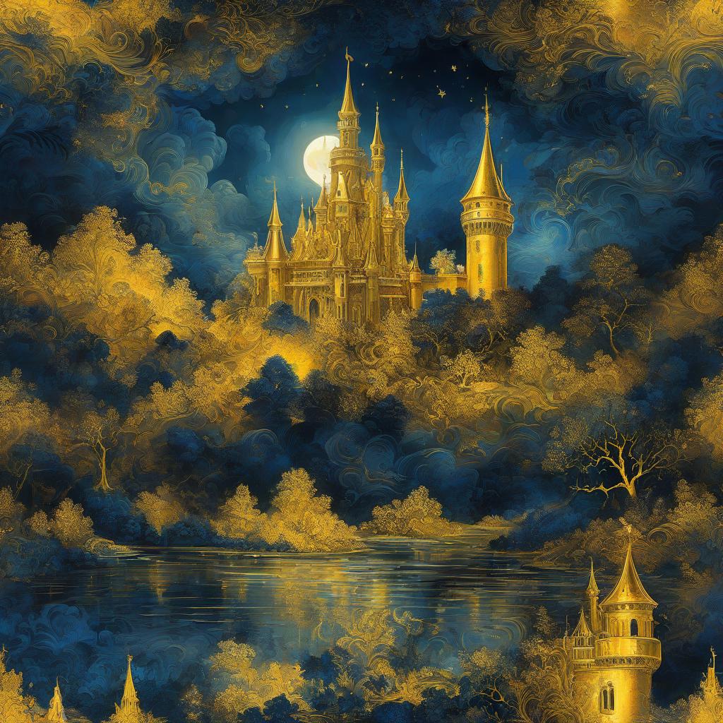  oil painting. double exposure. distant plan. fantastic night landscape with shining gold gothic castle on a distant hill. glow. a river, mystical illumination. reflection. whimsy. mystery, fairy tale, dream. magic. fantasy. (dark complex ornamental background: 1,4), decorative, attention to detail, surreal abstractionism. very dark night with moon. frame with intricate thin gold ornamentation:: (thin: 1,4) lines, web of magic. contrast based on warm yellow and cool dark blue colors. fractal patterns. stardust. decorative excesses. atmosphere of mysticism and wonder, neo rococo, rococo, modern, patterning, fairy tale, fantasy, stylization. in the manner of the works of james christensen, andrew jones, fragonard, stéphane martinet, van gogh,