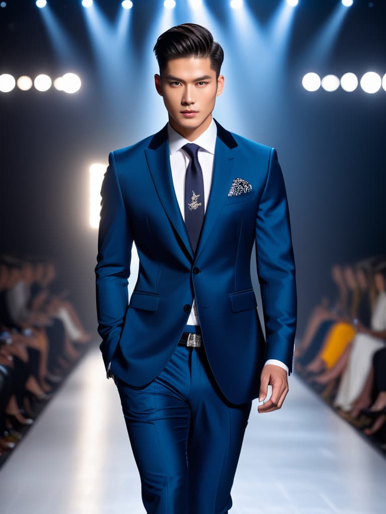  asian, male, suit, runway show, stylish, confident walk, elegant pose, formal attire, fashion model, high fashion, modern outfit, professional lighting, catwalk, fashionable look, trendy clothing, chic style, professional model agency, detailed background ((asian)), ((male)), suit, runway show, stylish, confident walk, elegant pose, formal attire, fashion model, high fashion, modern outfit, professional lighting, catwalk, fashionable look, trendy clothing, chic style, professional model agency, detailed background highly detailed photo, sharp details, best quality, 4k, raw photo, medium shot, 50mm lens, frontal view photo realistic, highly intricate and detailed, masterpiece, ultra high res,photography,8k resolution