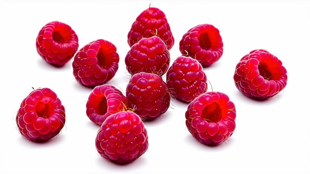  advertising style, stock photo, corporate branding style raspberries on a white background ar 16:9 . professional, clean, modern, product focused, commercial, eye catching, minimalist, business oriented, highly detailed