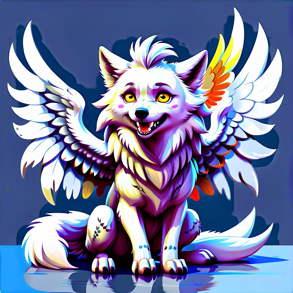  kawaii style white wolf with wings. no background. . cute, adorable, brightly colored, cheerful, anime influence, highly detailed, oil painting