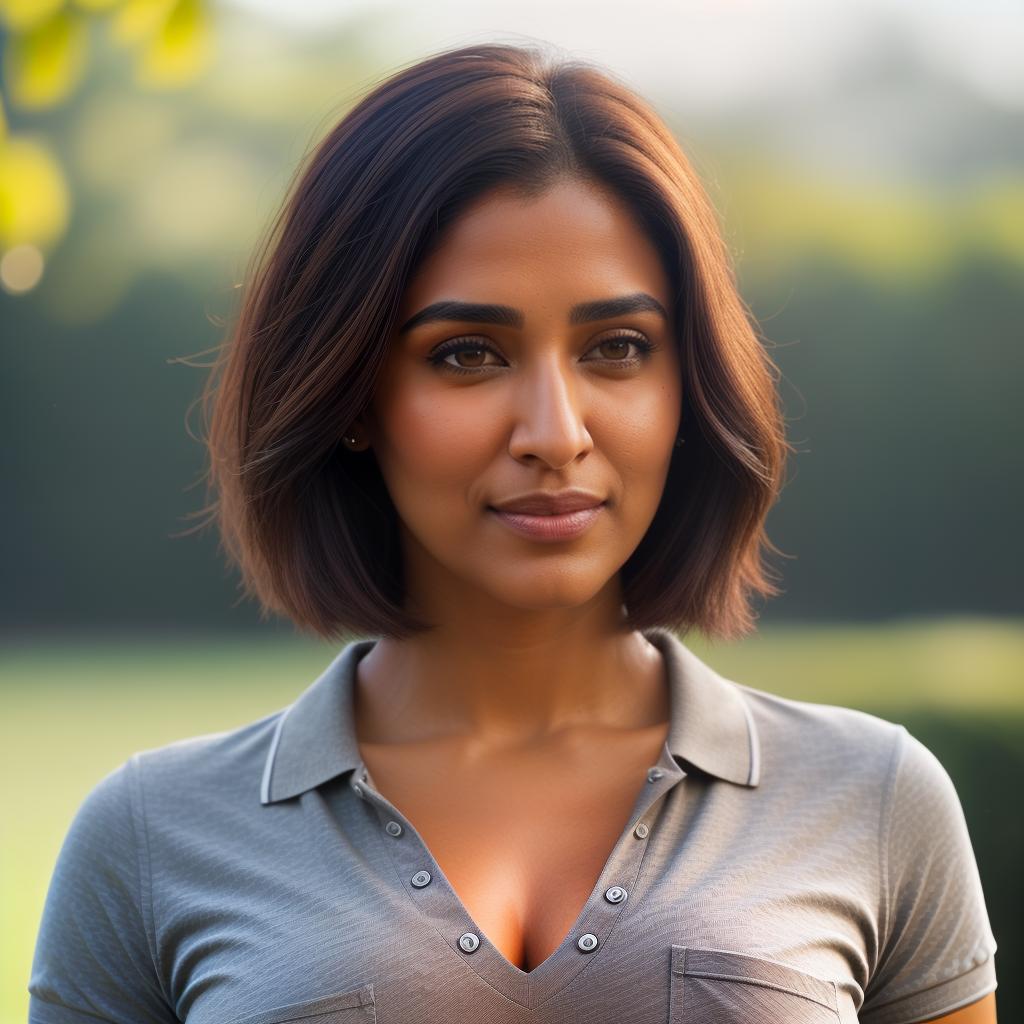  (((realistic full torso frontal head shot of a light brown to medium brown skin tone woman))), isha usha soni, ((indian heritage)), immature face, hazel eye color, ((short hair style)), (( hair color)), (( body type)), small size, small size, (immature small upturned nose), (immature prominent cheekbones), (immature smooth jawline), (immature full lips), (immature medium forehead), (immature even eyebrows), (immature rounded chin), standing straight looking directly into the camera,((wearing fitted polo shirt with deep v neck and monogrammed pocket)), backyard in background, 1girl, best quality, highest quality, award winning photo, masterpiece, raw, professional photography, photorealism, sharp focus, cinemat hyperrealistic, full body, detailed clothing, highly detailed, cinematic lighting, stunningly beautiful, intricate, sharp focus, f/1. 8, 85mm, (centered image composition), (professionally color graded), ((bright soft diffused light)), volumetric fog, trending on instagram, trending on tumblr, HDR 4K, 8K