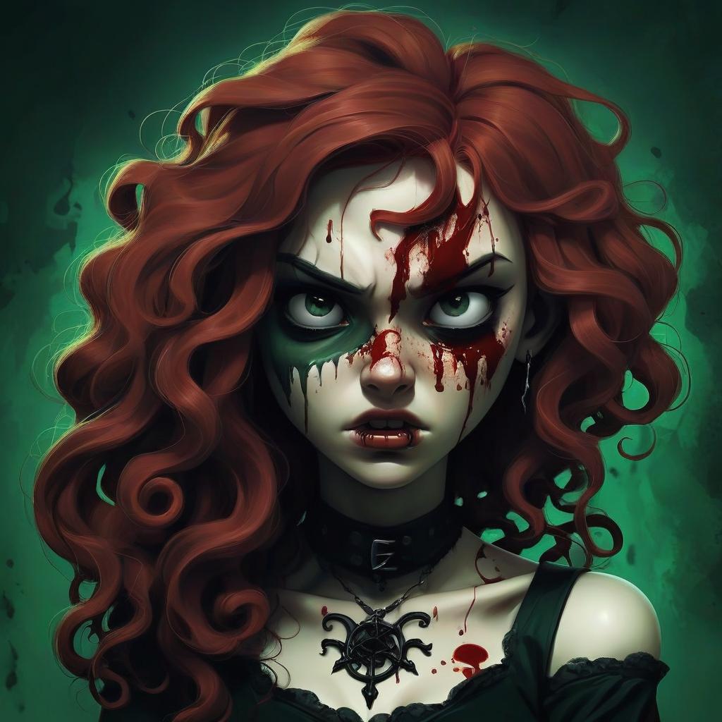  gothic, black, dark green background, girl, red hair, curly hair, long hair, blood on the face, evil