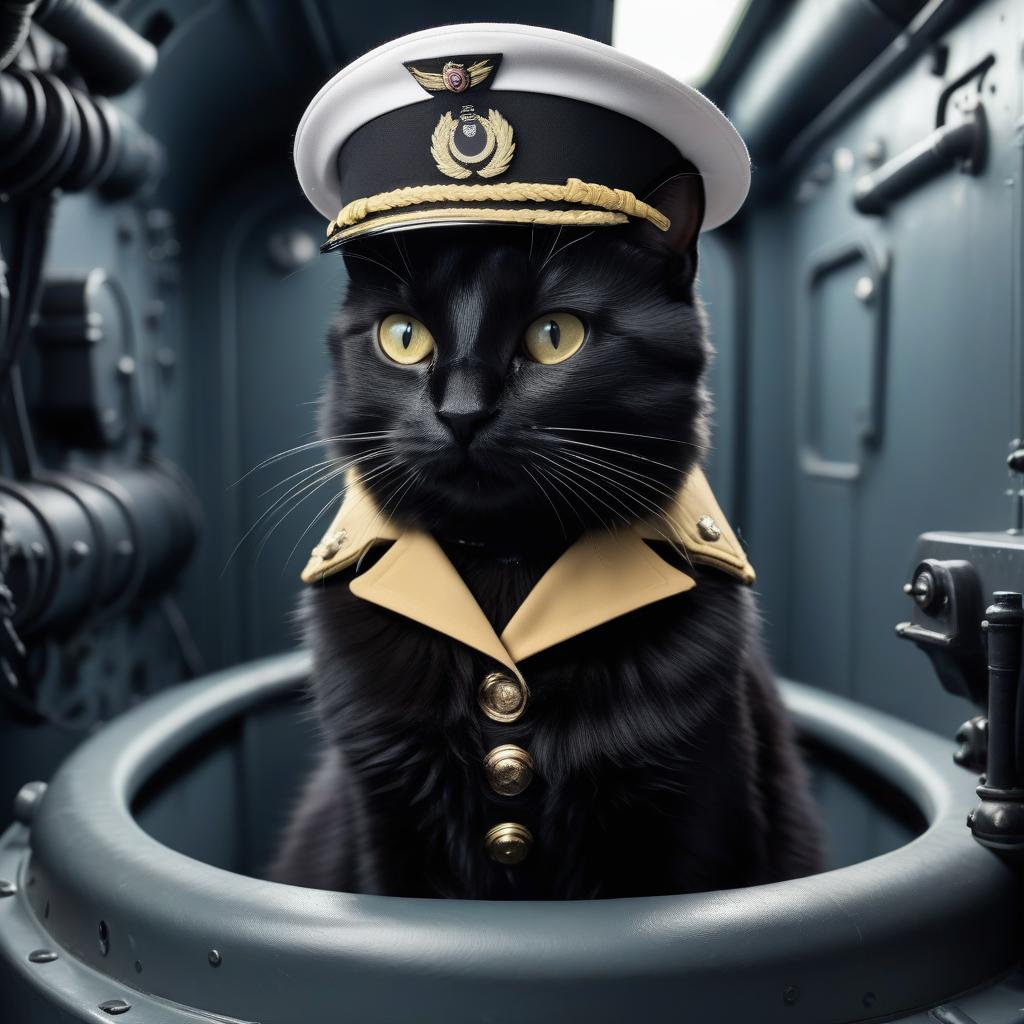  a furry black cat in the style of a german captain from the second world war, in a submarine