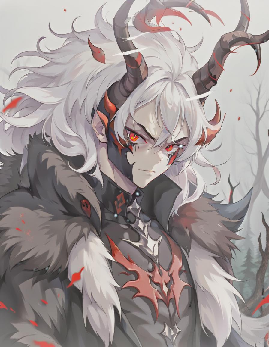  man demon, white skin. red eyes, white hair, red horns, black fur coat, dense forest in the background, sticker