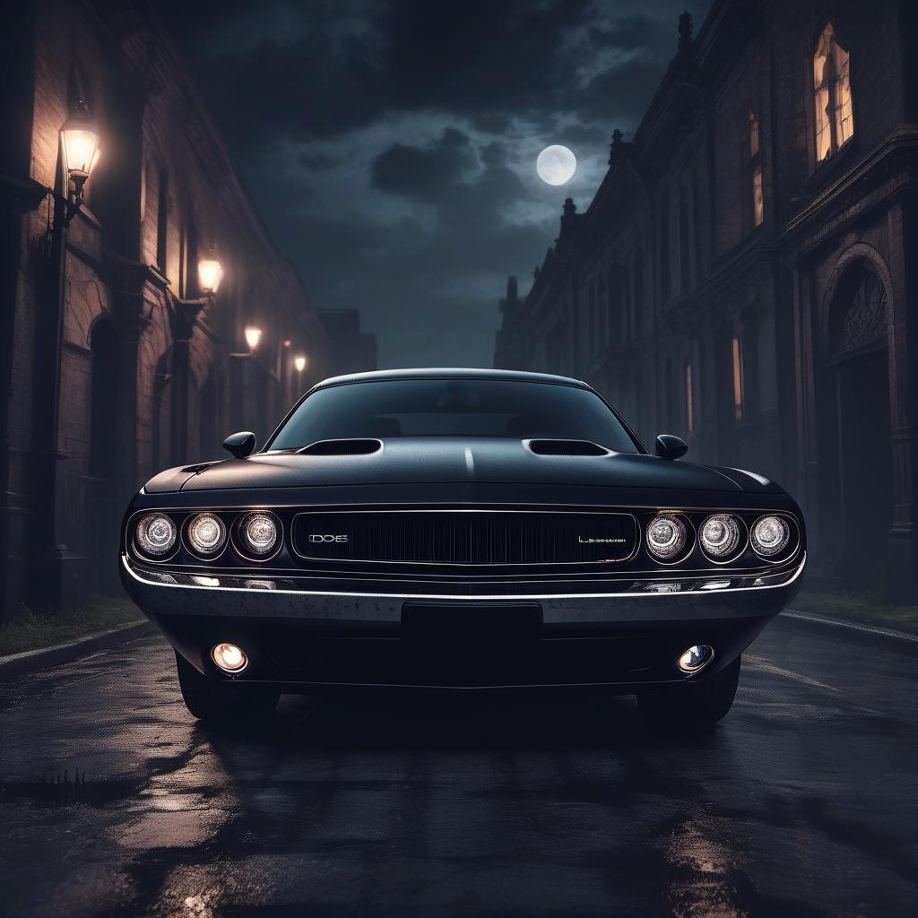  macabre style black dodge challenger at night . dark, gothic, grim, haunting, highly detailed