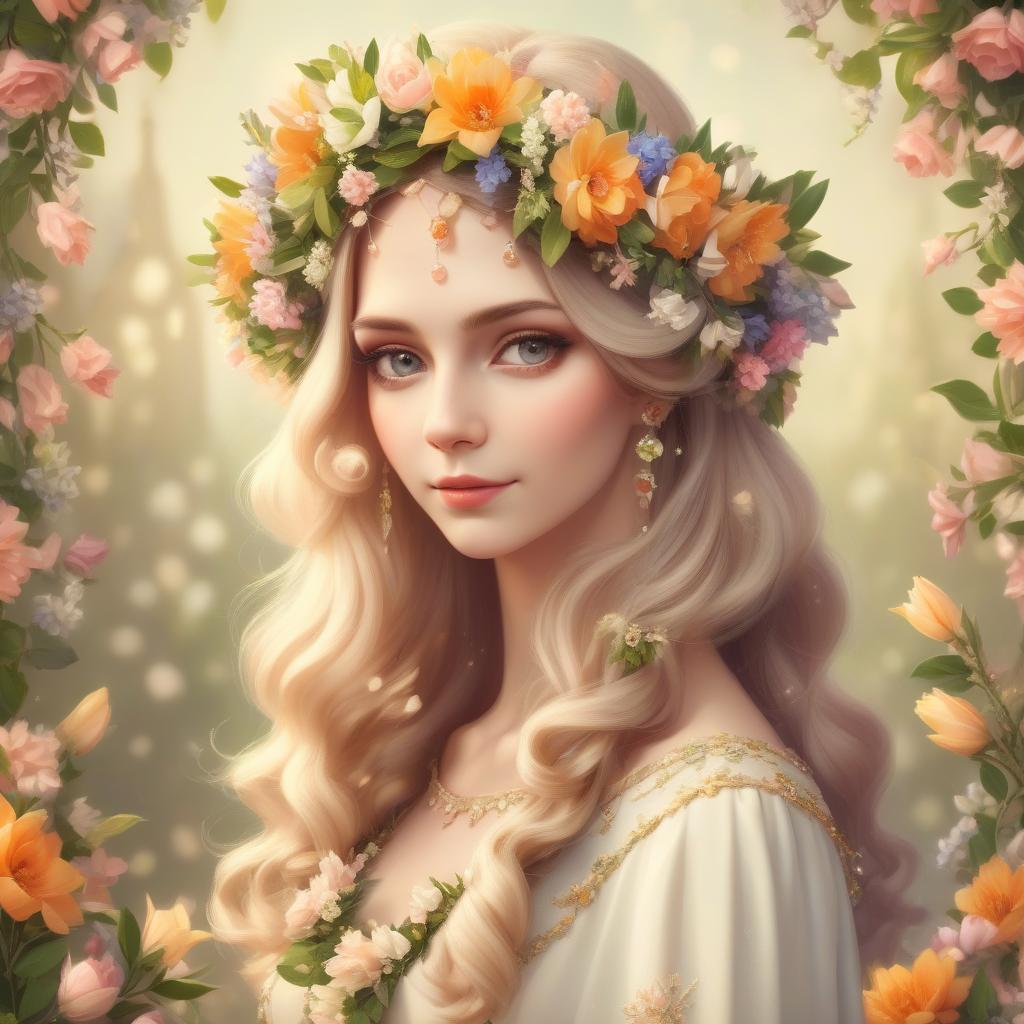  vintage spring queen portrait with flowers and flowers garland in the hair, warm atmosphere