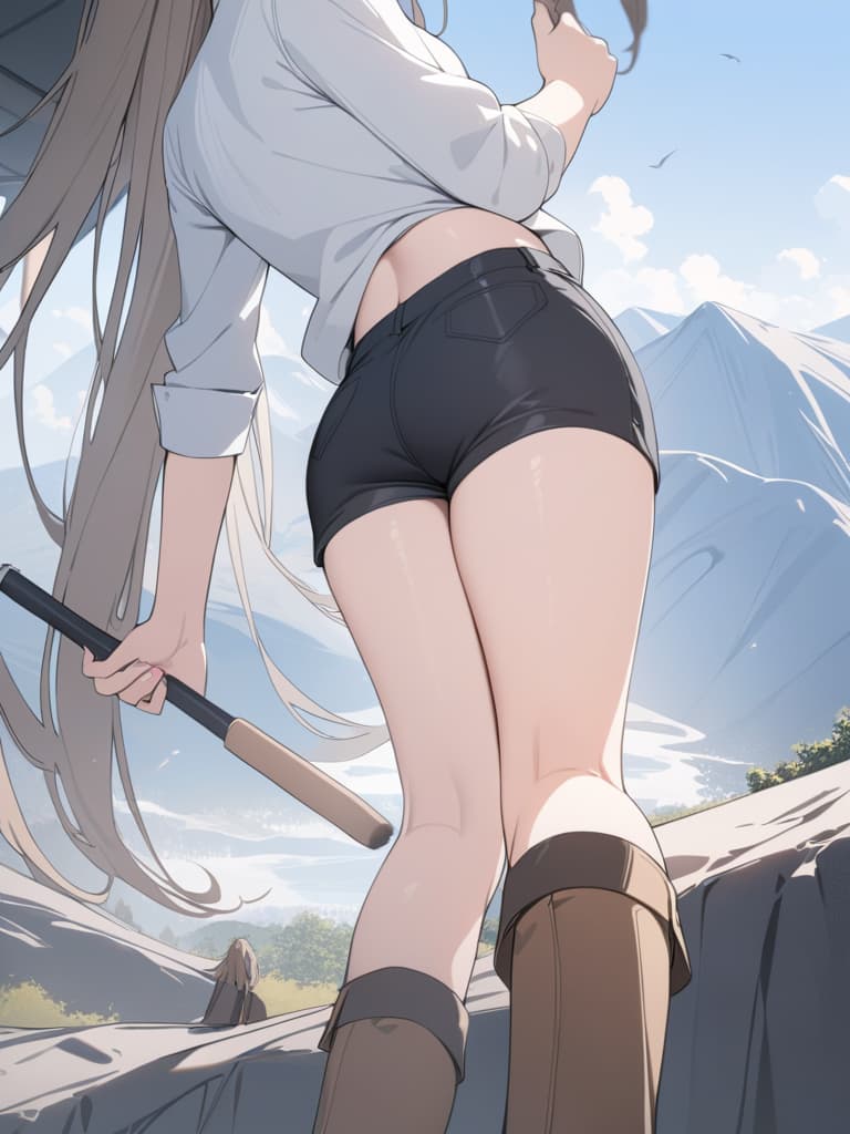  beautiful girl standing on the top of the mountain, hair fluttering in the wind, white shirts, black shorts, brown boots, bold composition, brush up hair, masterpiece, best quality,8k,ultra detailed,high resolution,an extremely delicate and beautiful,hyper detail