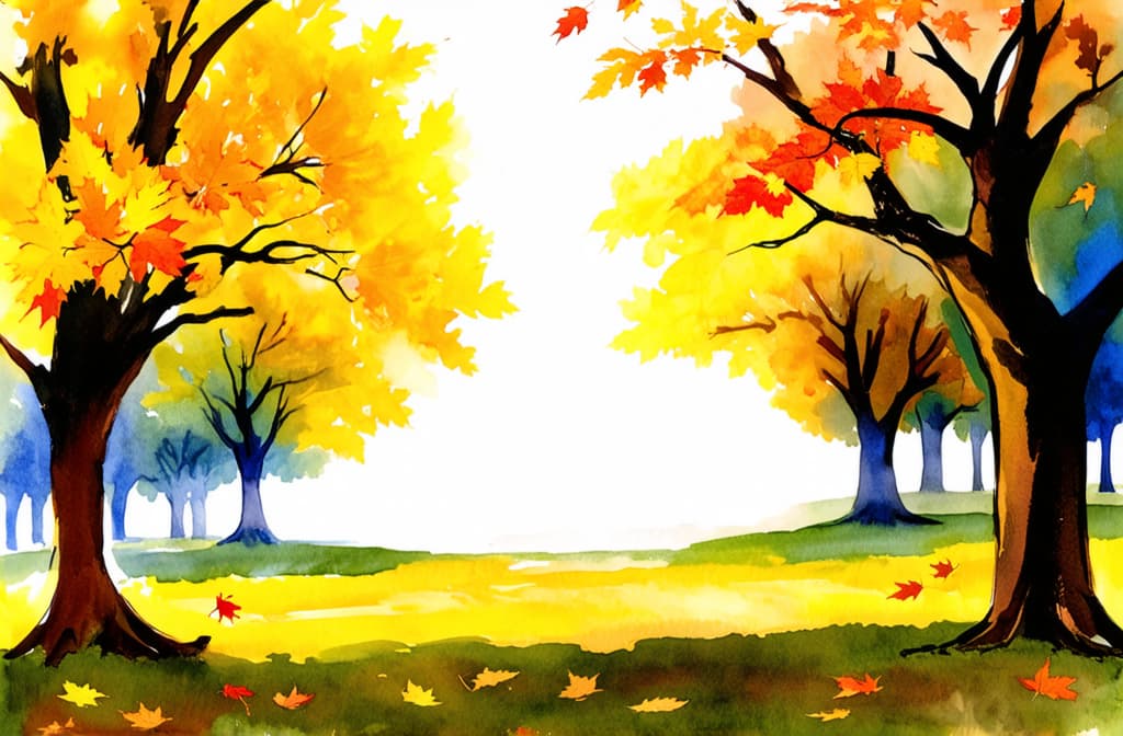  artwork idyllic scene with yellow fallen leaves in an autumn park. ar 3:2, watercolor techniques, featuring fluid colors, subtle gradients, transparency associated with watercolor art