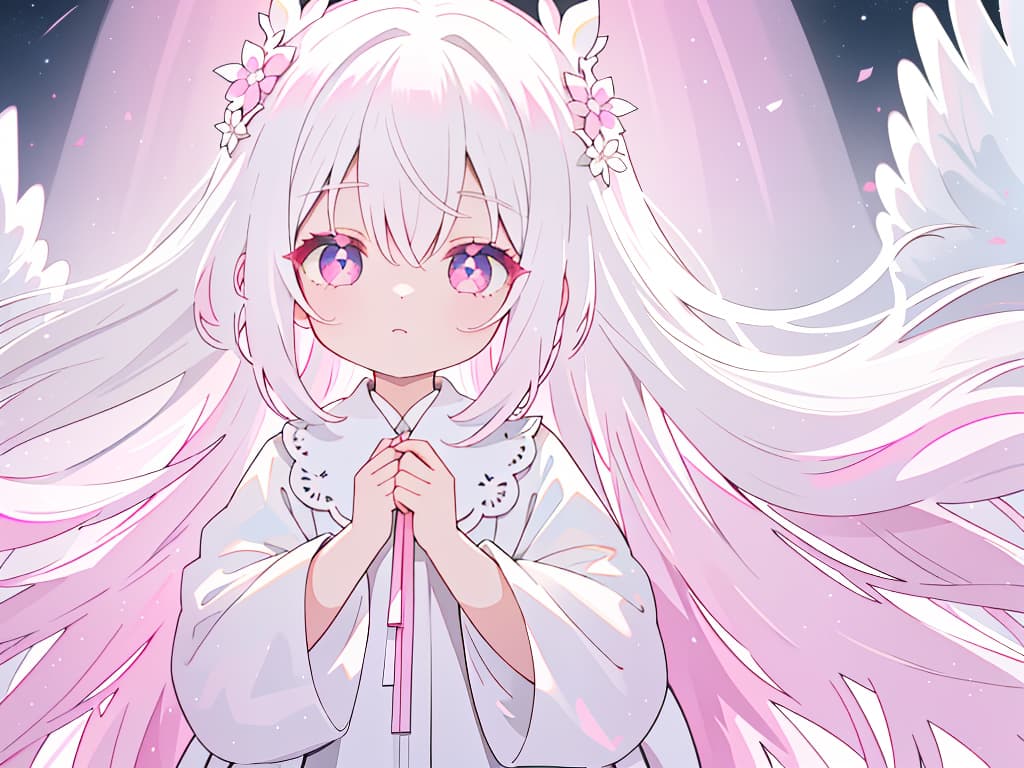  white hair, hair tip dark pink, gradation, angel, long hair, children, masterpiece, best quality,8k,ultra detailed,high resolution,an extremely delicate and beautiful,hyper detail