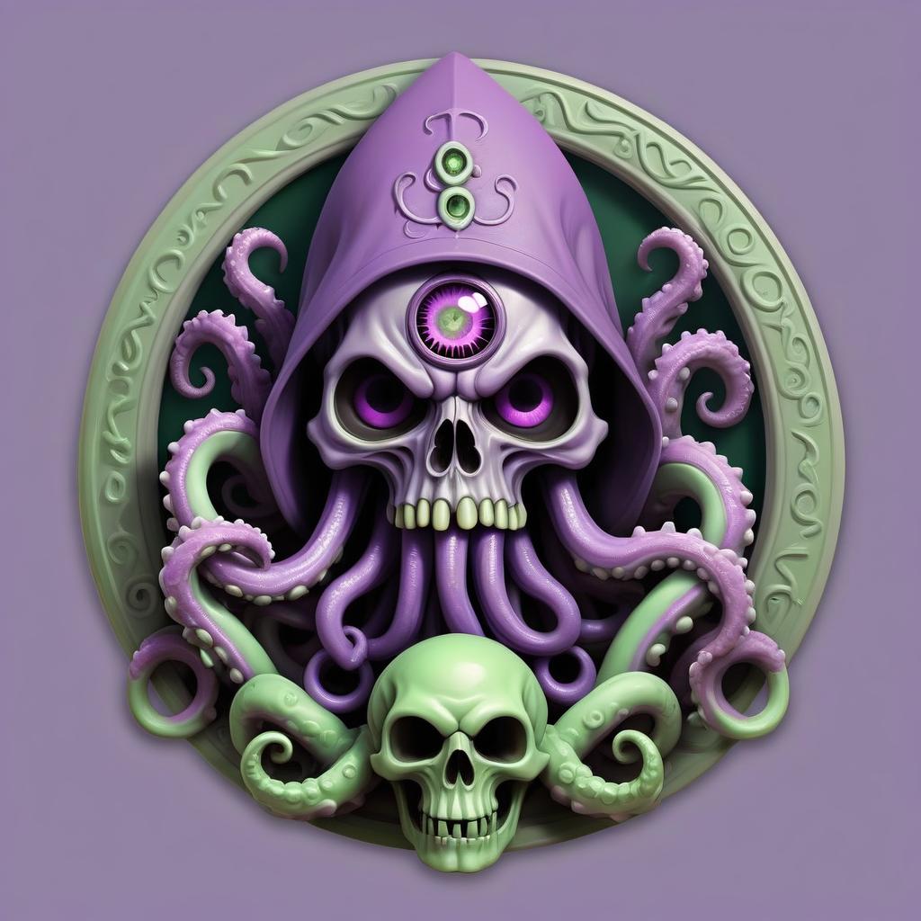  lovecraftian horror violet warlock, weird staff, cursed rod, green fire, tentacles, skulls, third eye, rpg class minimal badge . eldritch, cosmic horror, unknown, mysterious, surreal, highly detailed, sticker