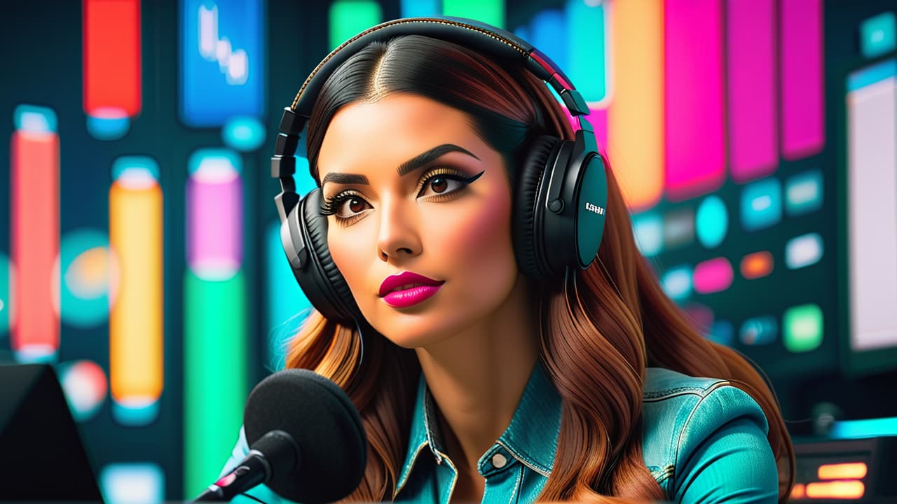  a vibrant podcast studio filled with colorful microphones, headphones, and sound equipment, surrounded by charts and graphs depicting listener growth, dollar signs, and a backdrop of engaged listeners enjoying the show. hyperrealistic, full body, detailed clothing, highly detailed, cinematic lighting, stunningly beautiful, intricate, sharp focus, f/1. 8, 85mm, (centered image composition), (professionally color graded), ((bright soft diffused light)), volumetric fog, trending on instagram, trending on tumblr, HDR 4K, 8K