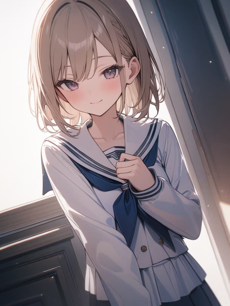  short bangs, back hair long straight, pats, high school girl, straight, sailor suit, blonde, smile, girl, masterpiece, best quality,8k,ultra detailed,high resolution,an extremely delicate and beautiful,hyper detail