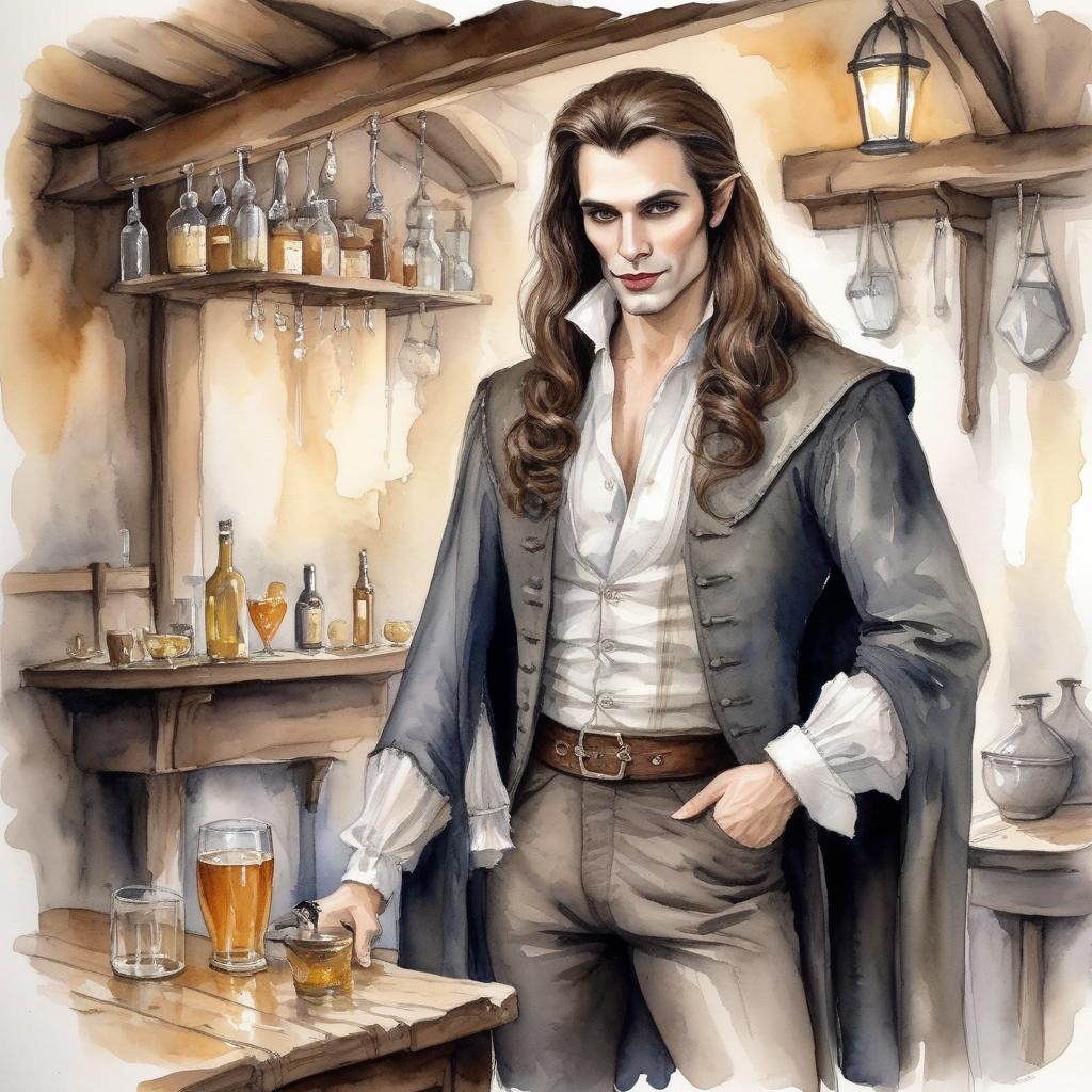  watercolor painting vampire man with long brown hair gathered in a tail, in a tavern in gray contaminated clothing . vibrant, beautiful, painterly, detailed, textural, artistic