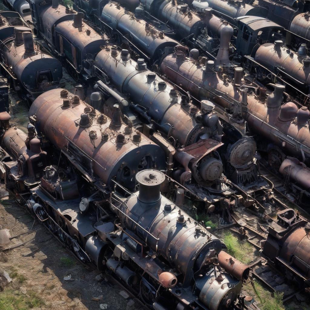  a junkyard of old steam locomotives.