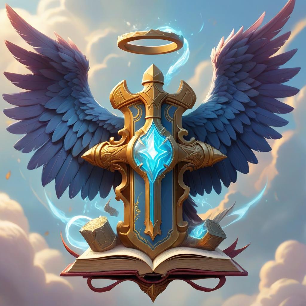  ethereal fantasy concept art of battle hammer, wings, religious book, occult accessories, cleric rpg class minimal badge . magnificent, celestial, ethereal, painterly, epic, majestic, magical, fantasy art, cover art, dreamy, sticker