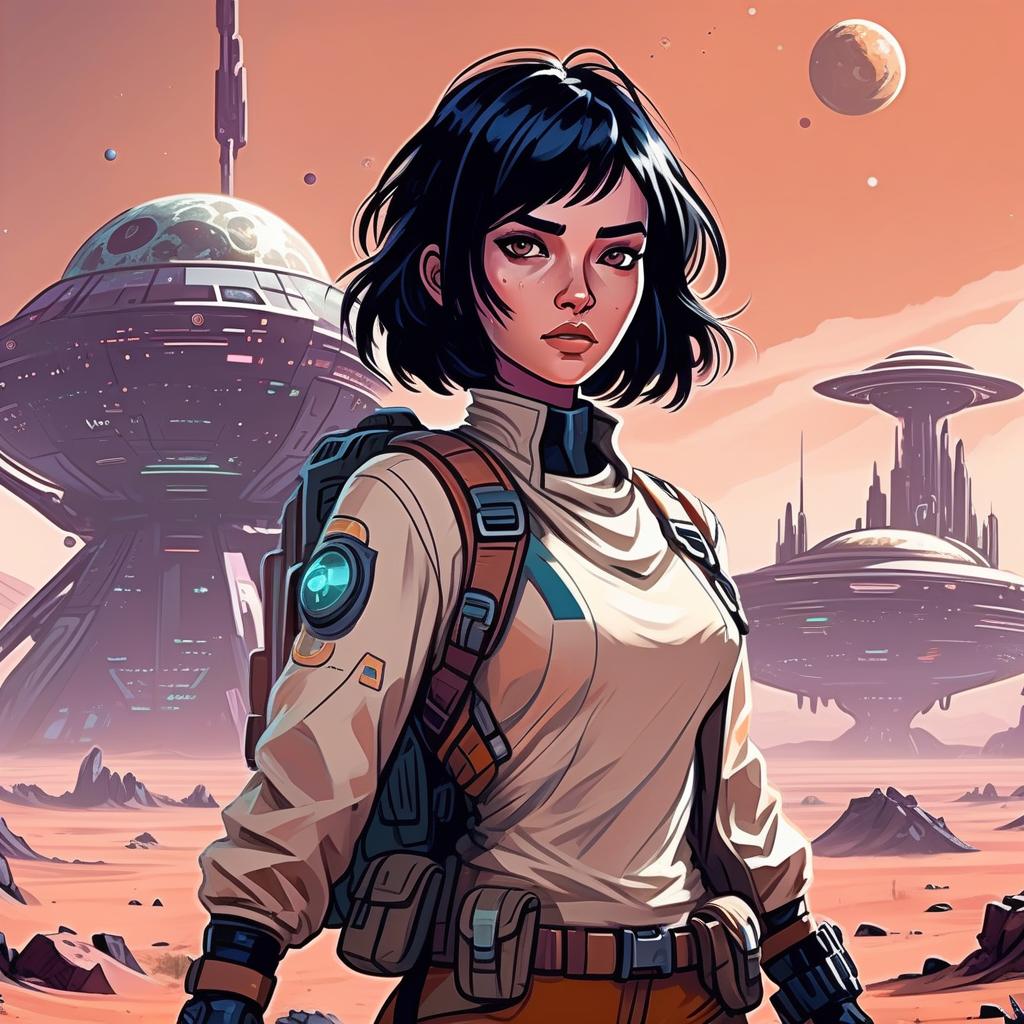  draw a female character, a short hairstyle black hair, a character living on a distant colonized planet, a tracker