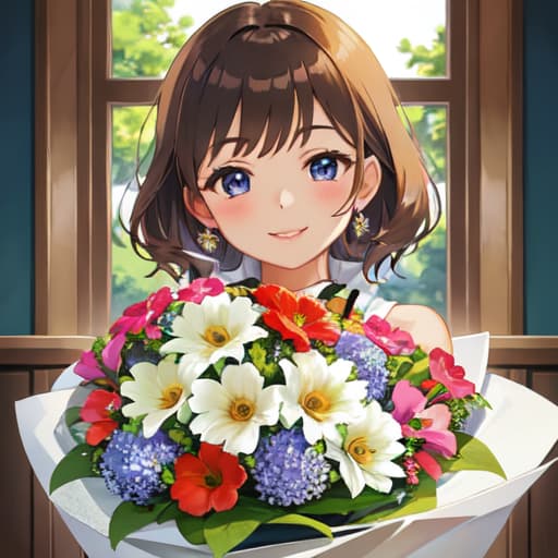  master piece , best quality,pretty girl, beautiful bouquet, smiling face.