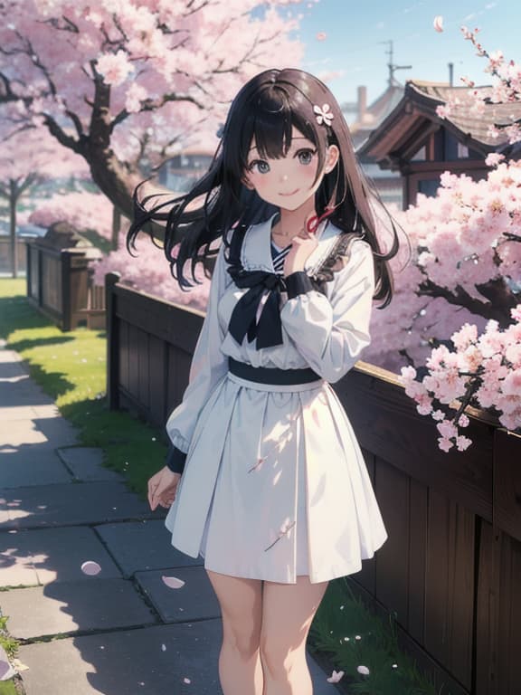  master piece, best quality, ultra detailed, highres, 4k.8k, young , standing under cherry blossom tree, smiling, break a beautiful spring day., urban rooftop with a view, cherry blossom tree, skyscr, blue sky, petals in the wind, break peaceful and serene, high quality, depth of field focus, hint of chromatic aberration, mecha musume