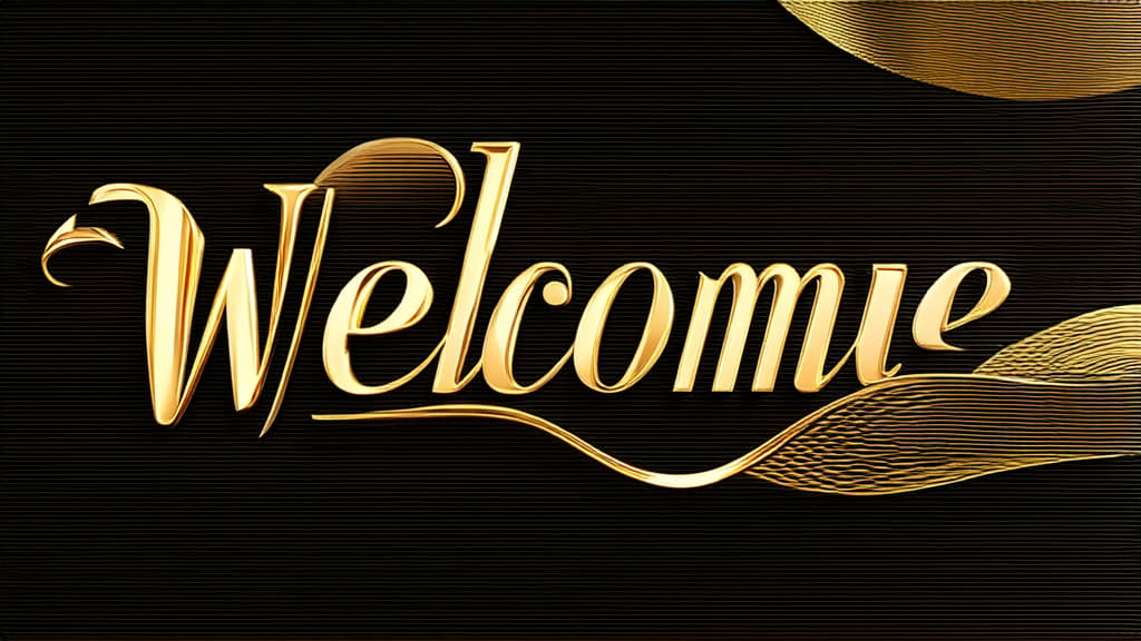  flat illustration, flaticon, (illustration:1.15), golden elegant text "welcome" on black background, golden abstract waves ar 16:9, [cory loftis, strobist, pascal campion :: 0.2]