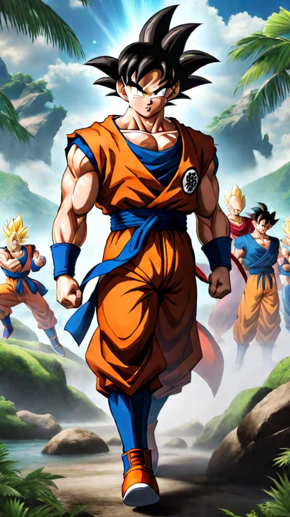  anime art: depict goku from dragon ball super leading his team against the odds in the tournament of power. hyperrealistic, full body, detailed clothing, highly detailed, cinematic lighting, stunningly beautiful, intricate, sharp focus, f/1. 8, 85mm, (centered image composition), (professionally color graded), ((bright soft diffused light)), volumetric fog, trending on instagram, trending on tumblr, HDR 4K, 8K