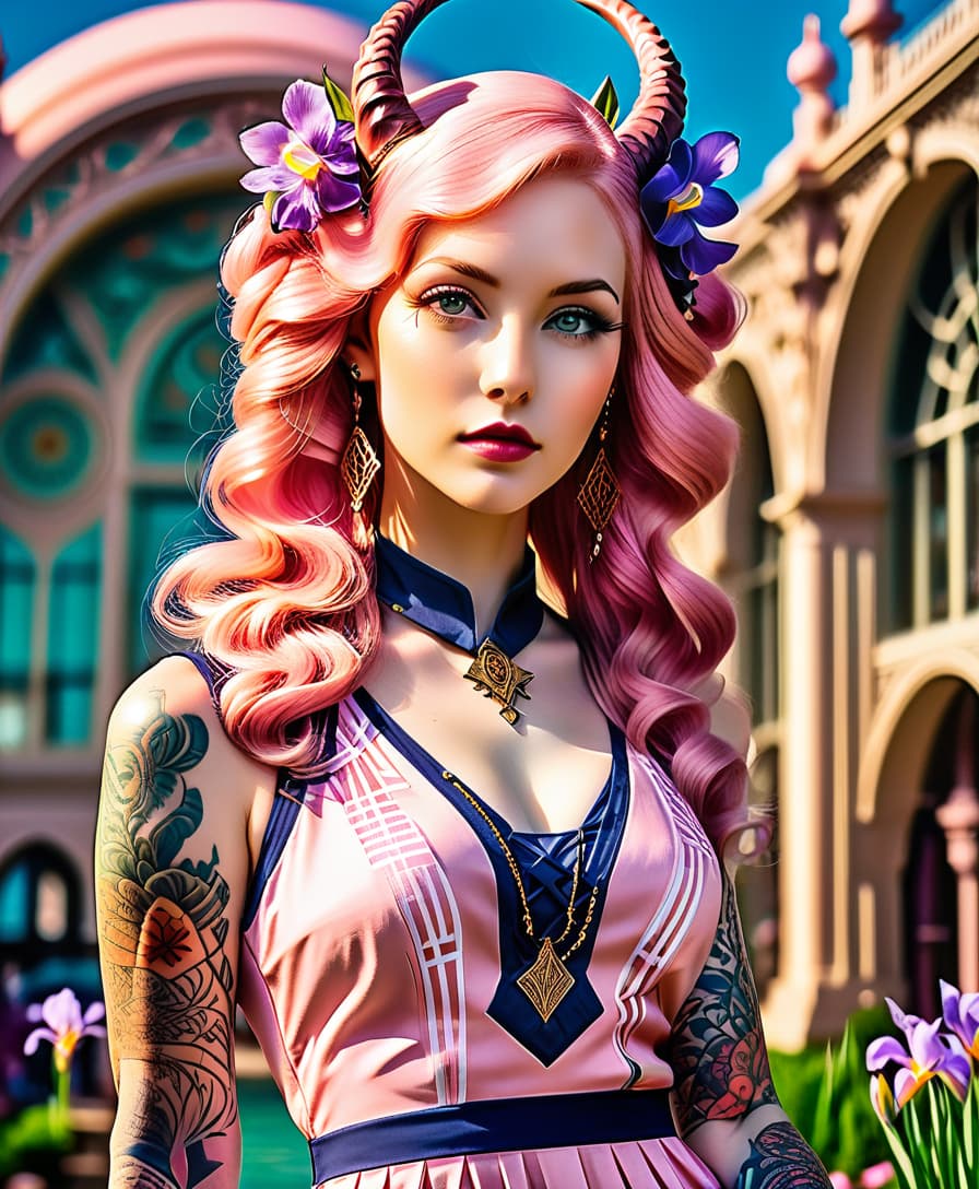  art deco style girl tifling, pink long hair, pink skin, horns on the head, perfect skin, fine facial features, pink iris, summer dress, tattoos, piercing in the ears, slim legs, wavy , realistic light, show with legs, 8k,hdr,steampunk style, masterpiece, hyperrealisme extreme, detalied, . geometric shapes, bold colors, luxurious, elegant, decorative, symmetrical, ornate, detailed, perfecteyes