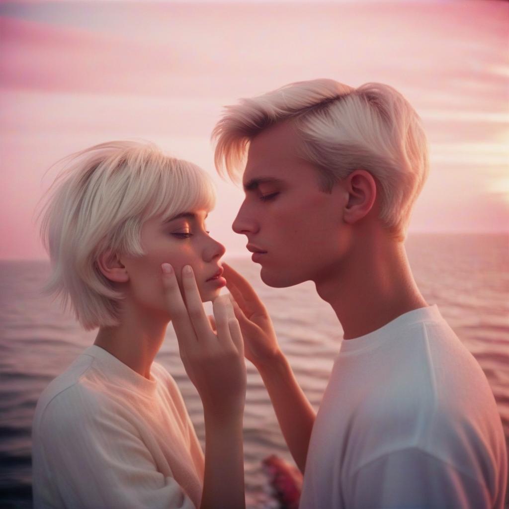  analog film photo a girl platinum blonde with short hair touches the face of a blonde guy, in the background the sea, sunset, pink and white shades, clouds, light fog, sunny day. . faded film, desaturated, 35mm photo, grainy, vignette, vintage, kodachrome, lomography, stained, highly detailed, found footage