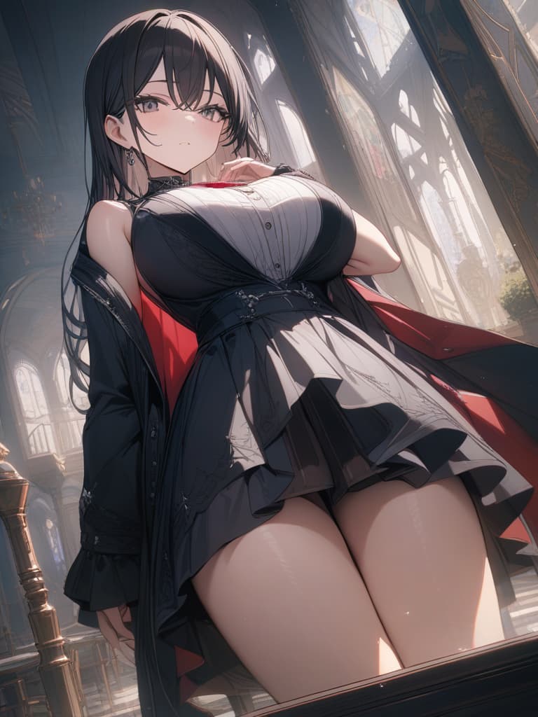  castle, big breast, dress with red jewel, black pin heel, white eyes, whole body, black hair, superway brown hair, masterpiece, best quality,8k,ultra detailed,high resolution,an extremely delicate and beautiful,hyper detail