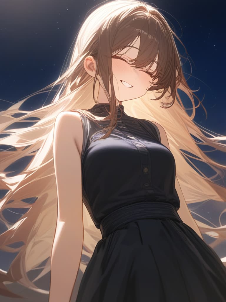  a girl who is laughing at me, bright brown hair, long hair, transparent fleeting, facing here, laughing, under the starry sky, facing here, i am looking at me, wearing a dough cardigan from the top of a black sleeveless, up from the waist, masterpiece, best quality,8k,ultra detailed,high resolution,an extremely delicate and beautiful,hyper detail