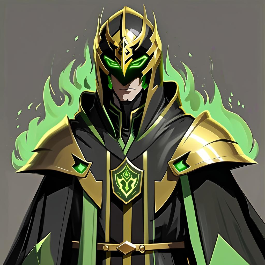  minimalist style paladin in a black and gold robe, green fire with eyes instead of head. . simple, clean, uncluttered, modern, elegant