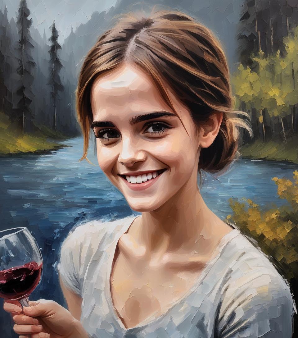  an oil palette knife painting of emma watson smiling turning water into wine in the style of bob ross, impasto and chiaroscuro