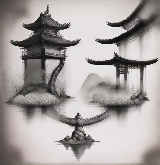  guofeng, chinese landscape painting, chinese architecture, cloud, vision, bridge, (no human),