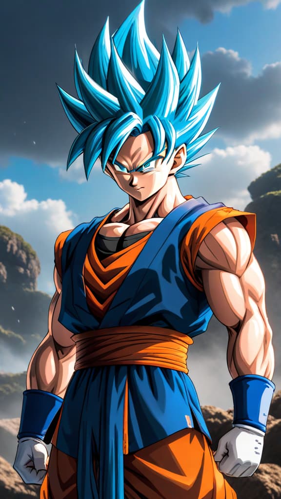  anime art: vegito, the fusion of goku and vegeta, stands powerful and confident, surpassing gotenks in strength. hyperrealistic, full body, detailed clothing, highly detailed, cinematic lighting, stunningly beautiful, intricate, sharp focus, f/1. 8, 85mm, (centered image composition), (professionally color graded), ((bright soft diffused light)), volumetric fog, trending on instagram, trending on tumblr, HDR 4K, 8K