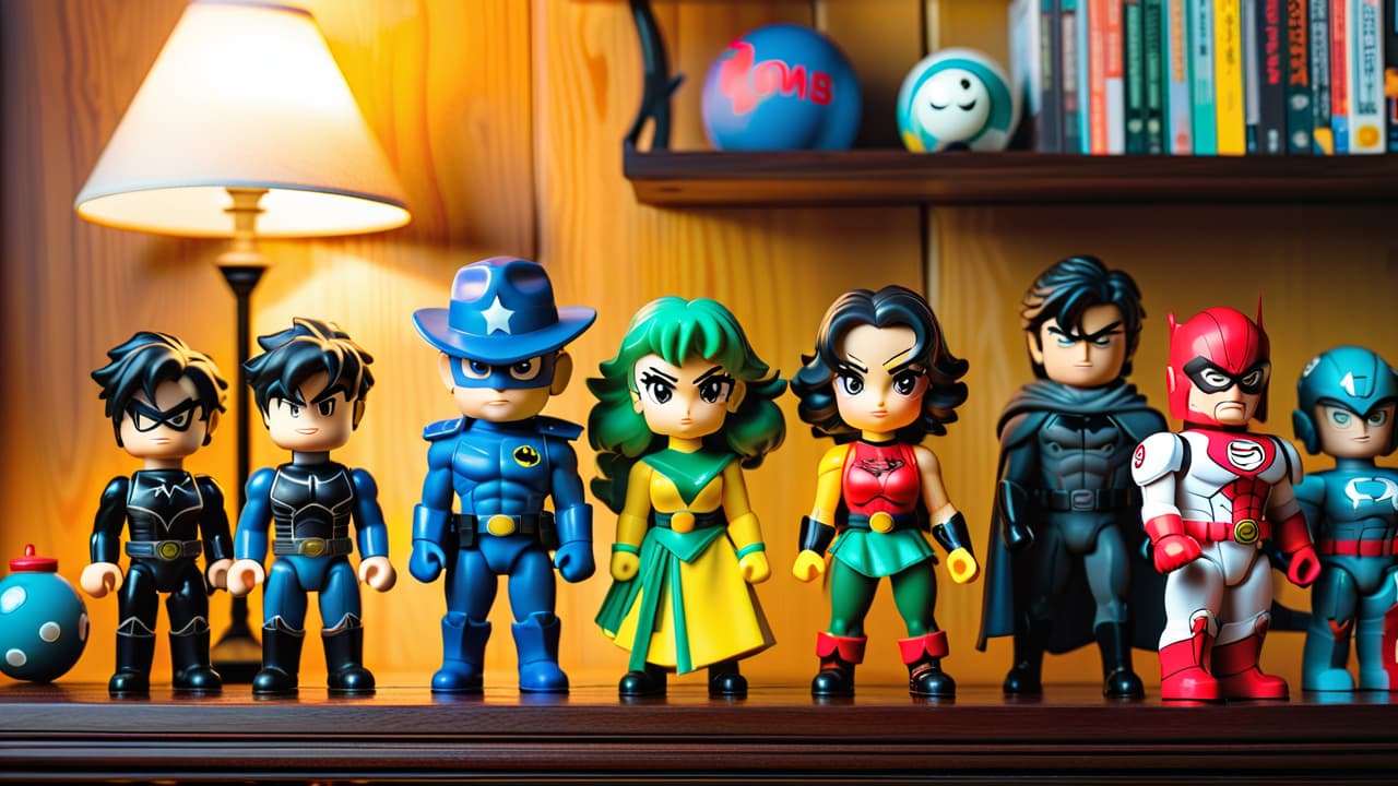  a vibrant display of rare anime action figures on a wooden shelf, with soft lighting highlighting their intricate details, surrounded by colorful comic book art and collectibles, evoking a sense of nostalgia and excitement. hyperrealistic, full body, detailed clothing, highly detailed, cinematic lighting, stunningly beautiful, intricate, sharp focus, f/1. 8, 85mm, (centered image composition), (professionally color graded), ((bright soft diffused light)), volumetric fog, trending on instagram, trending on tumblr, HDR 4K, 8K