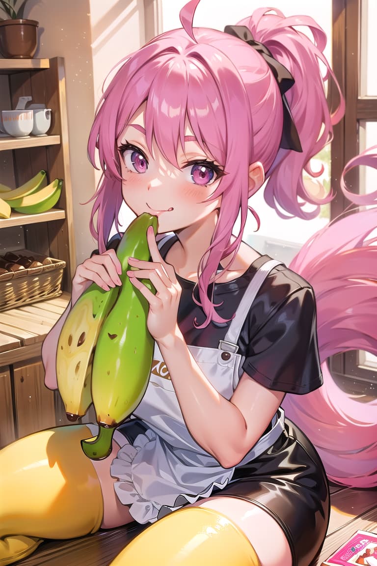  r 18, , middle , pink haired ,ponytail,large eyes,t shirts, , room,A woman,A woman, with a mischievous glint in her eye, holds a chocolate covered banana suggestively, her tongue king out to the sweet treat. She wears a flirty apron, nothing else, and her expression is one of pure temptation. With a smile, she takes the banana in her mouth, ing and ing ly, enjoying the taste of chocolate and fruit. The camera captures the moment of indulgence, focusing on her lips wrapped around the banana and the sticky chocolate covering her mouth.