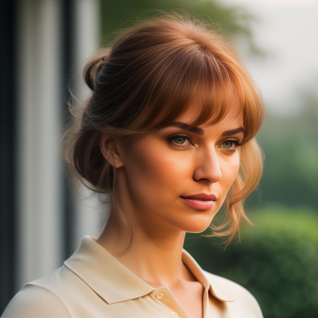  (((realistic full torso frontal head shot of a light beige to medium tan skin tone woman))), irma ivy friedrich, ((caucasian heritage)), immature face, hazel eye color, ((bangs hair style)), ((ginger hair color)), (( body type)), flat size, small size, (immature broad flat nose), (immature high cheekbones), (immature angular jawline), (immature thin lips), (immature broad forehead), (immature even eyebrows), (immature rounded chin), standing straight looking directly into the camera,((wearing fitted polo shirt with deep v neck and monogrammed pocket)), backyard in background, 1girl, best quality, highest quality, award winning photo, masterpiece, raw, professional photography, photorealism, sharp focus, cinematic, hig hyperrealistic, full body, detailed clothing, highly detailed, cinematic lighting, stunningly beautiful, intricate, sharp focus, f/1. 8, 85mm, (centered image composition), (professionally color graded), ((bright soft diffused light)), volumetric fog, trending on instagram, trending on tumblr, HDR 4K, 8K