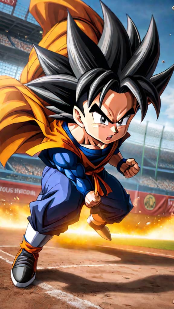  anime art: goku, vegeta, and dragon ball super crew play an intense baseball game against gods. hyperrealistic, full body, detailed clothing, highly detailed, cinematic lighting, stunningly beautiful, intricate, sharp focus, f/1. 8, 85mm, (centered image composition), (professionally color graded), ((bright soft diffused light)), volumetric fog, trending on instagram, trending on tumblr, HDR 4K, 8K